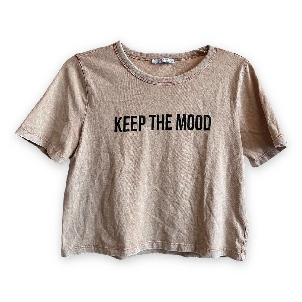 ZARA Keep the Mood Graphic T-Shirt Burnoit Tan Black Size M